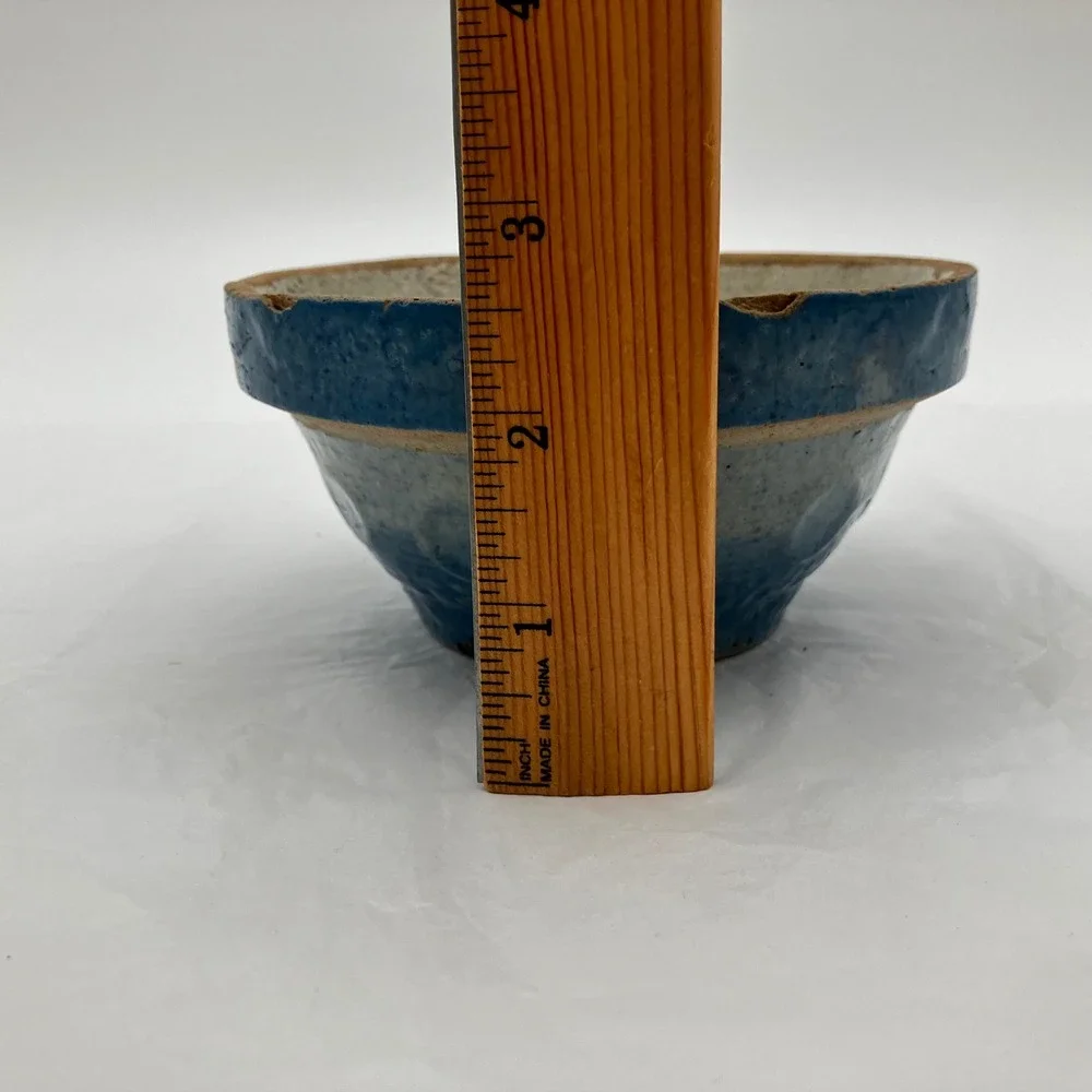 1900s Antique Blue&White Salt Glazed Stoneware Nesting Mixing Bowl Wedding Ring